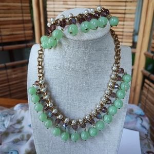Set of Faux Jade Beads Pearls Bracelet and Necklace Vintage Amethyst Purple EUC